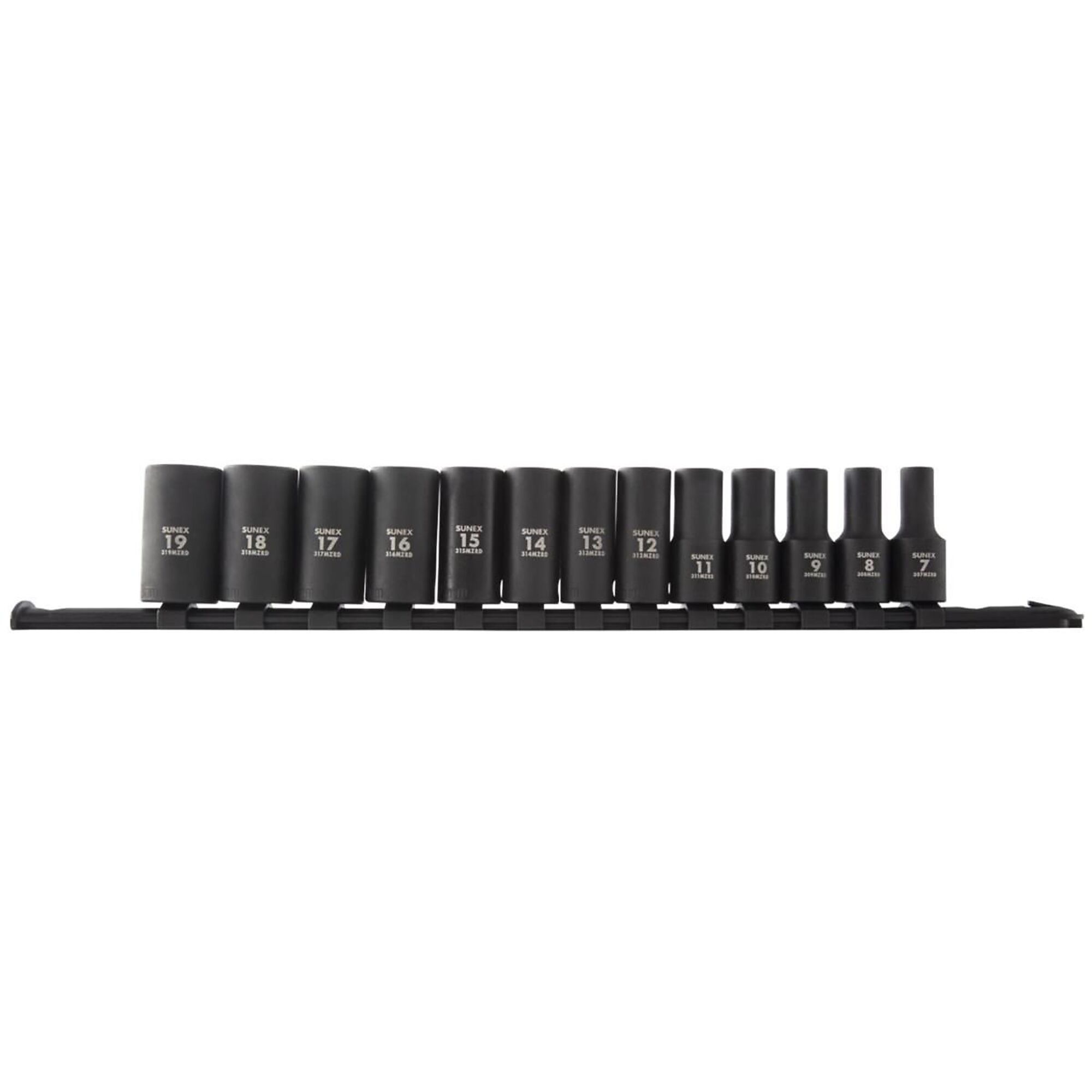 SUNEX TOOLS, Model #3338A, 3/8" Dr. 13pc 12pt Metric Semi-Deep Impact Socket Set (rail)